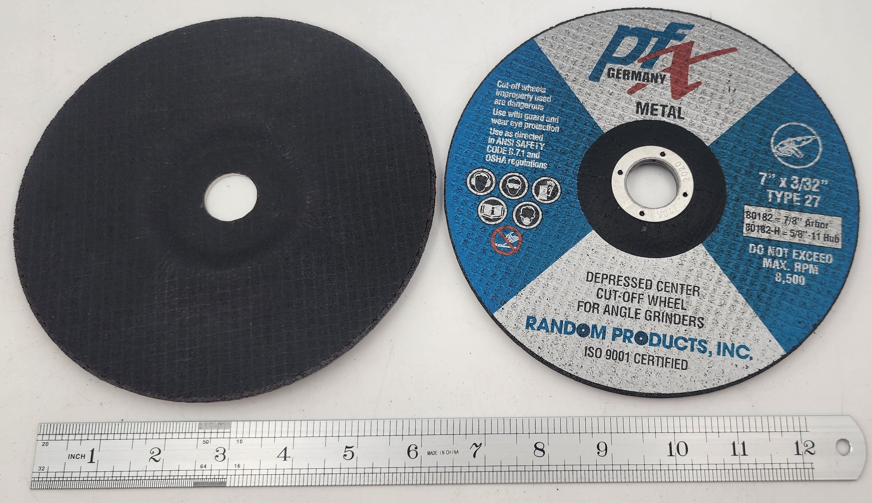 7" DIAM X 3/32 THICK X 7/8" ARBOR FLAT DEPRESSED CENTER GRINDING WHEEL PFX GERMANY (80182) 8,500