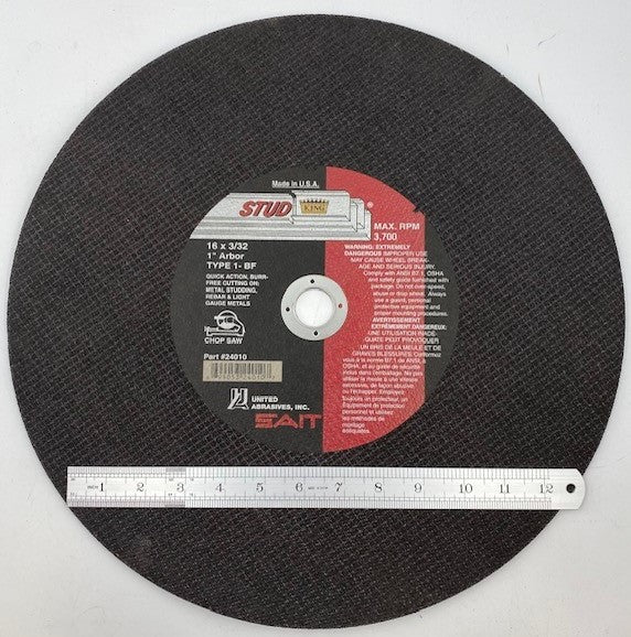 16" DIAM X 3/32 THICK X 1" ARBOR CUT-OFF WHEEL SAIT STUD KING USA CHOPSAW (24010) 3,700 RPM