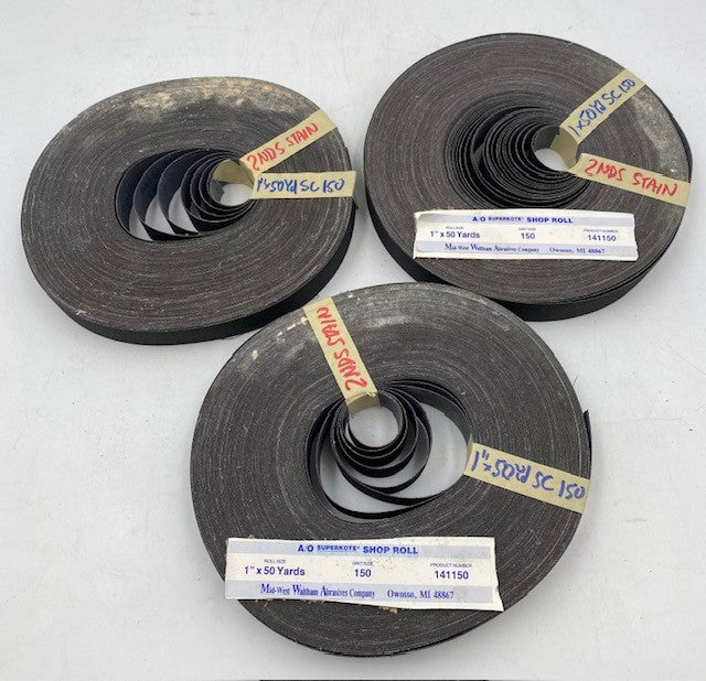 1" X 50 YD BLACK SILICON CARBIDE CLOTH ROLL 2NDS SLIGHTLY STAINED 150J-wt GRIT.