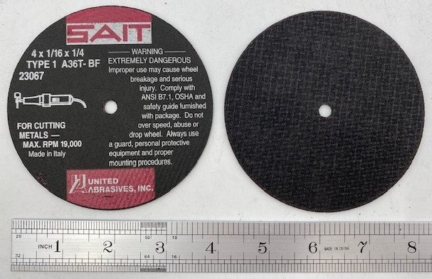 4" DIAM X 1/16" THICK X 1/4" ARBOR FLAT TYPE 1 CUT-OFF WHEEL SAIT ITALY (23067) 19,000 RPM MAX