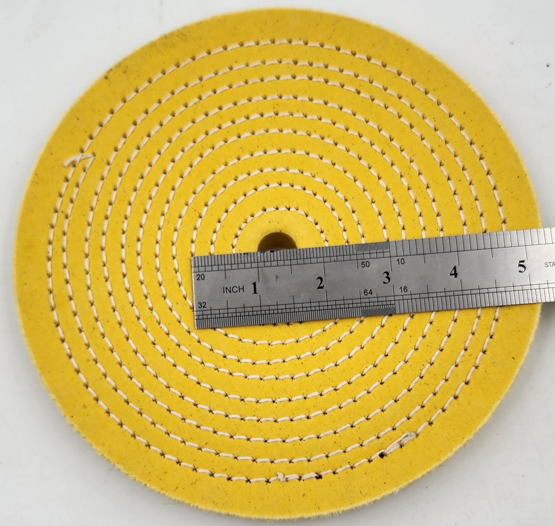 8" DIAM. BUFFING WHEEL X 7/8" THICK HARD YELLOW 3/8" SPIRAL SEWN WHEEL 5/8" ARBOR USA