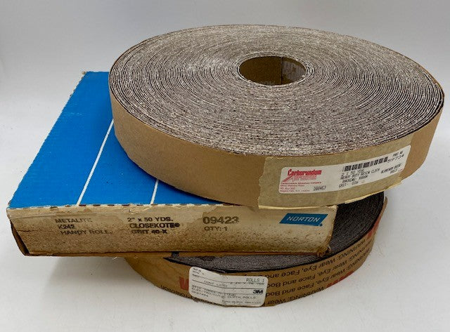 2" WIDE AO CLOTH ROLLS 3M 241K THREE-M-ITE, NORTON K242 METAL, CARBORUNDUM X880H.