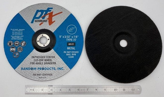 9" DIAM X 3/32 THICK X 7/8" ARBOR DEPRESSED CENTER GRINDING WHEEL PFX GERMANY (80121) 6,600 RPM
