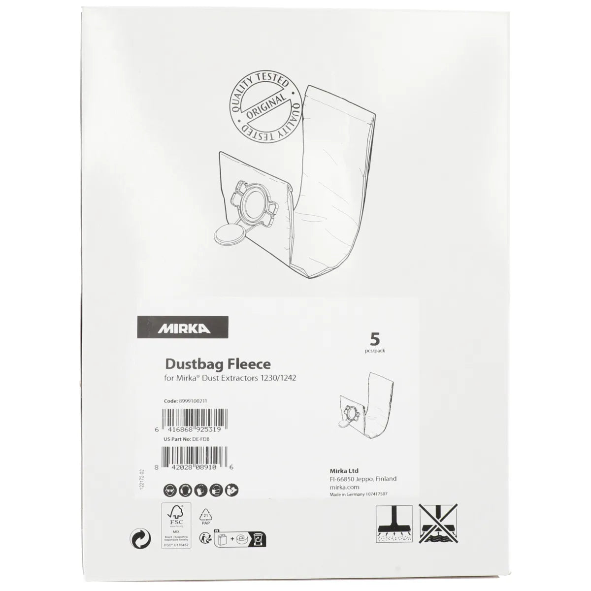 MIRKA FLEECE DUST BAG FOR DE-1230 VACUUMS DE-FDB (NEW TYPE)