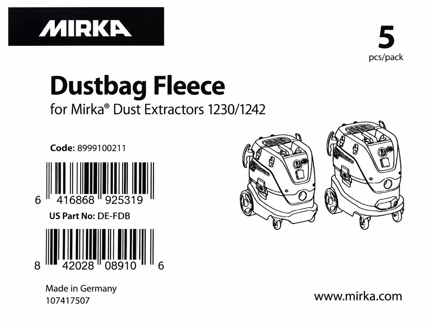 MIRKA FLEECE DUST BAG FOR DE-1230 VACUUMS DE-FDB (NEW TYPE)