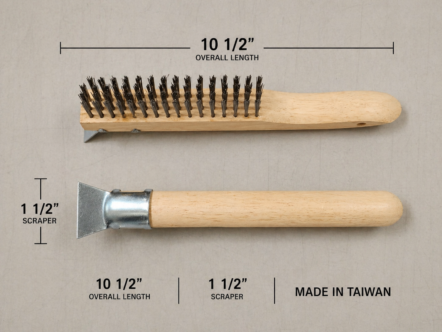 10 1/2" WOOD HANDLE WIRE SCRATCH BRUSH WITH 1 1/2" SCRAPER (A) QUALITY IMPORT