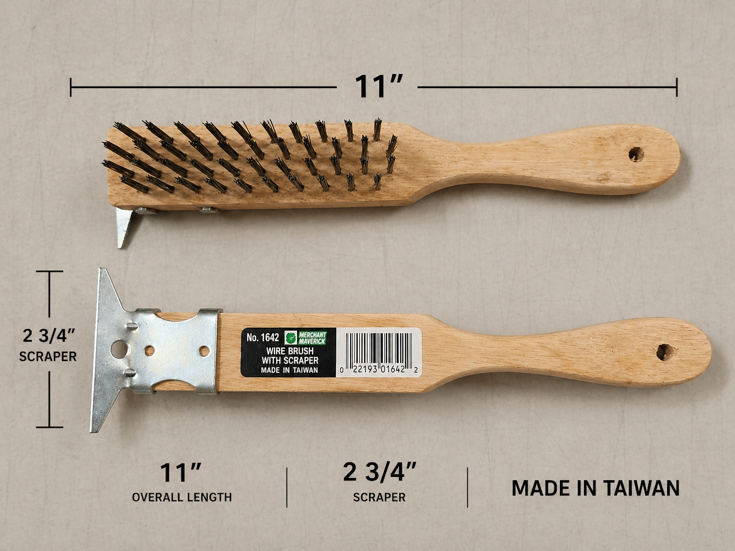 11" WOOD HANDLE WIRE SCRATCH BRUSH WITH 2 3/4" SCRAPER (B) (QUALITY IMPORT)