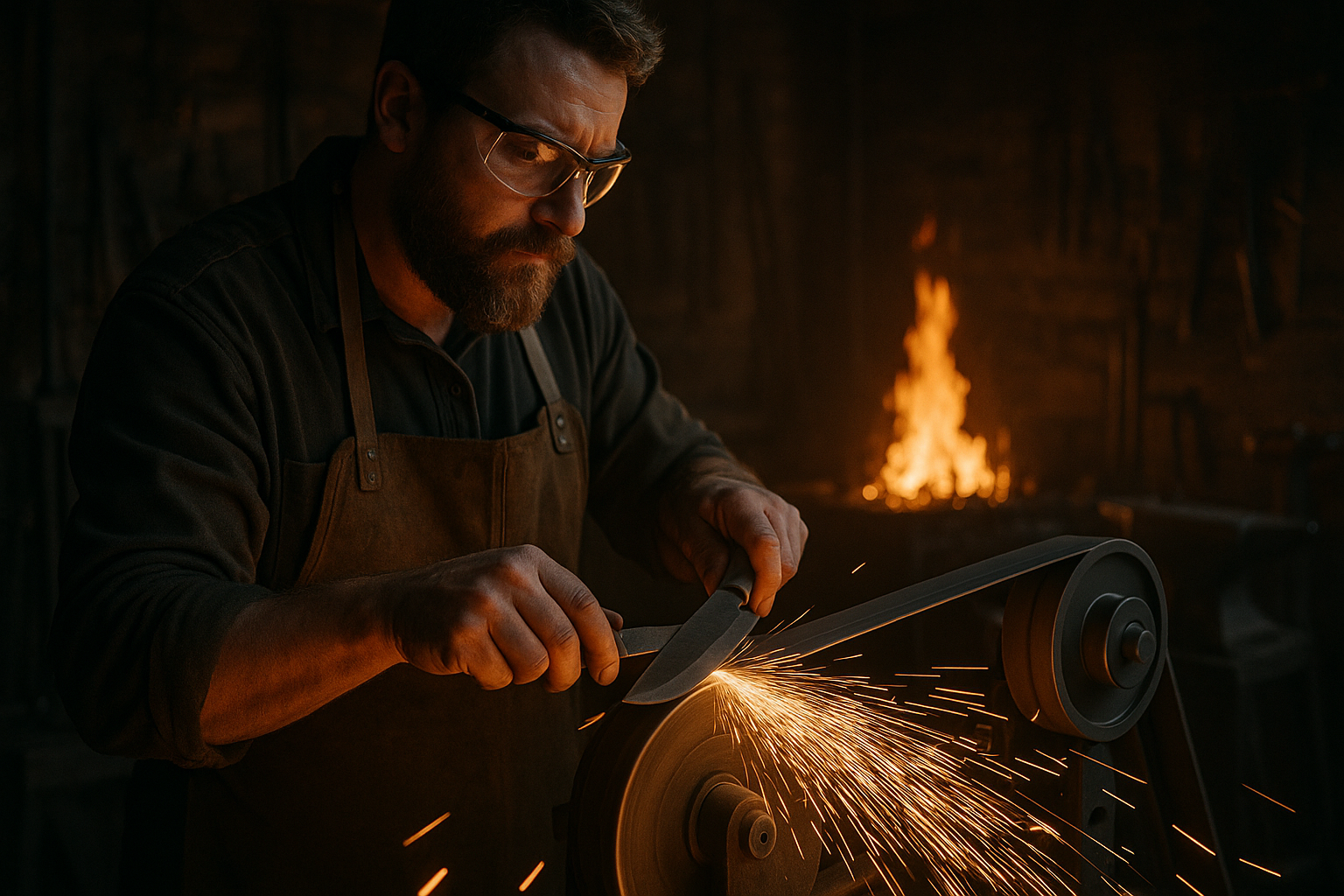 a blacksmith sharpening a knife with some kind of grinding wheel or abrasive belt