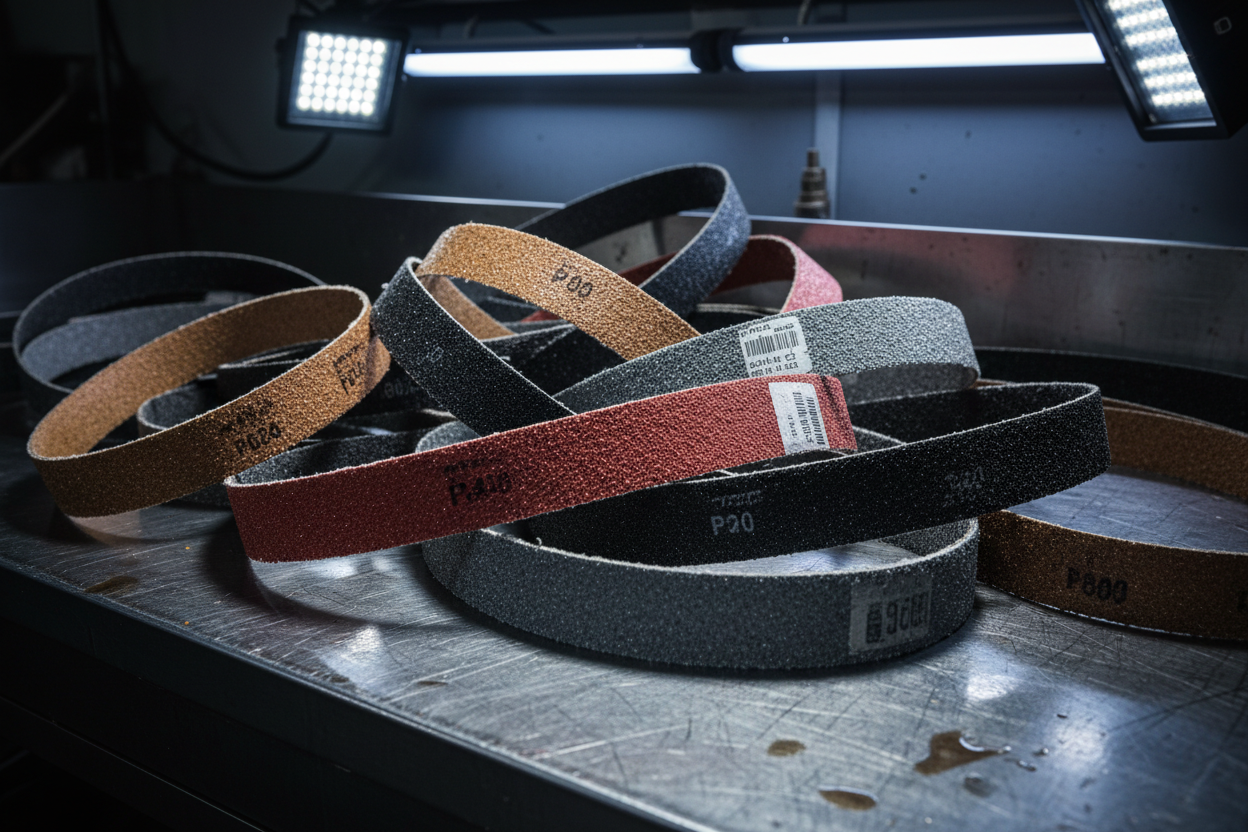 An assortment of sanding belts in various colors and abrasive materials, scattered on a metal workbench