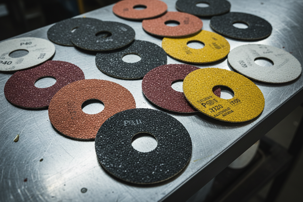 An assortment of sanding discs in various abrasive materials, colors and backings, scattered on a metal workbench with overhead lighting